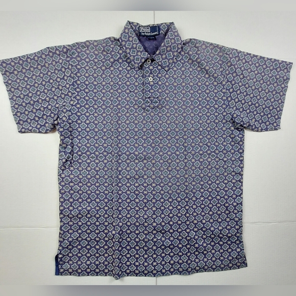 Vintage Polo Ralph Lauren Shirt Mens Large Purple Blue Floral 1/4 Button Collar - Picture 1 of 6